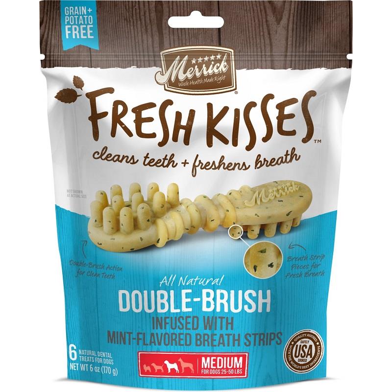 Merrick Fresh Kisses Double-Brush Infused with Mint Breath Strips for Medium Dogs 25-50 lbs, 6 ct