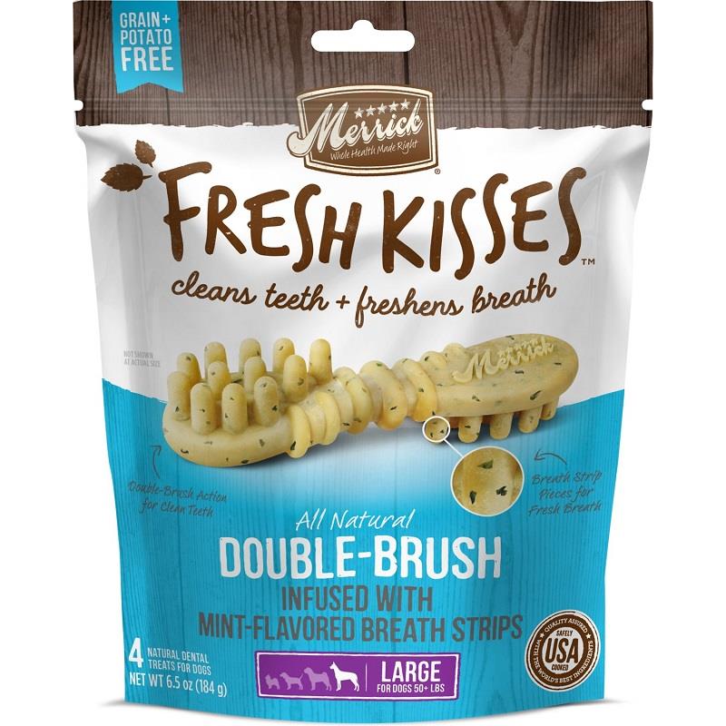 Merrick Fresh Kisses Double-Brush Infused with Mint Breath Strips for Large Dogs 50+ lbs, 4 ct