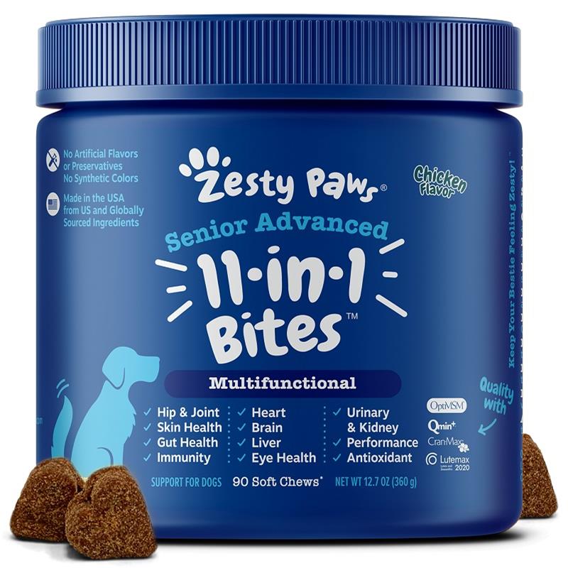 Zesty Paws Advanced 11-in-1 Multifunctional Bites Supplement for Senior Dogs Chicken Flavor, 90 soft chews