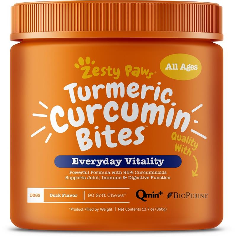 Zesty Paws Turmeric Curcumin Bites Everyday Vitality Supplement for Dogs Duck Flavor, 90 soft chews