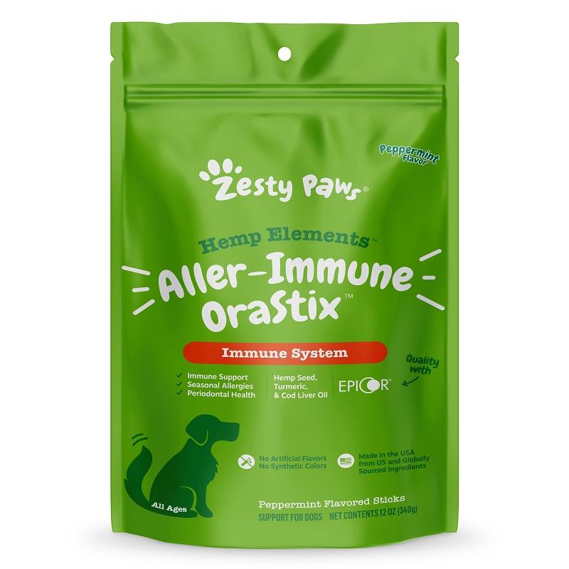 Zesty Paws Hemp Elements Aller-Immune OraStix Immune System Supplement for Dogs Peppermint Flavor Dental Sticks, 12 oz