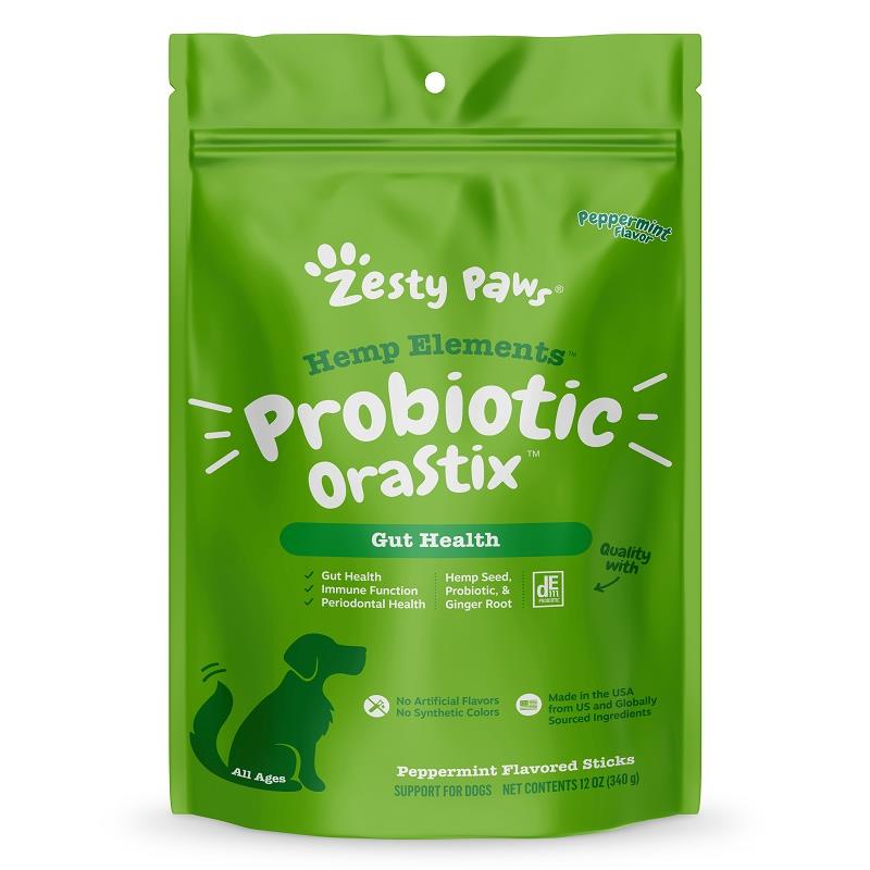 Zesty Paws Hemp Elements Probiotic OraStix Gut Health Supplement for Dogs Peppermint Flavor Dental Sticks, 12 oz