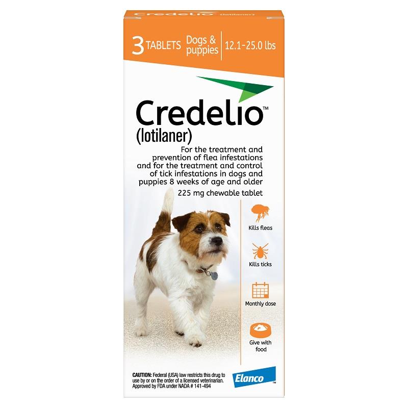 Credelio Flea & Tick Chewable Tablets for Dogs & Puppies 12.1-25 lbs (225 mg) Orange, 3 Month Supply