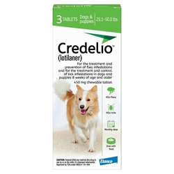 Credelio Flea & Tick Chewable Tablets for Dogs & Puppies 25.1-50 lbs (450 mg) Green, 3 Month Supply
