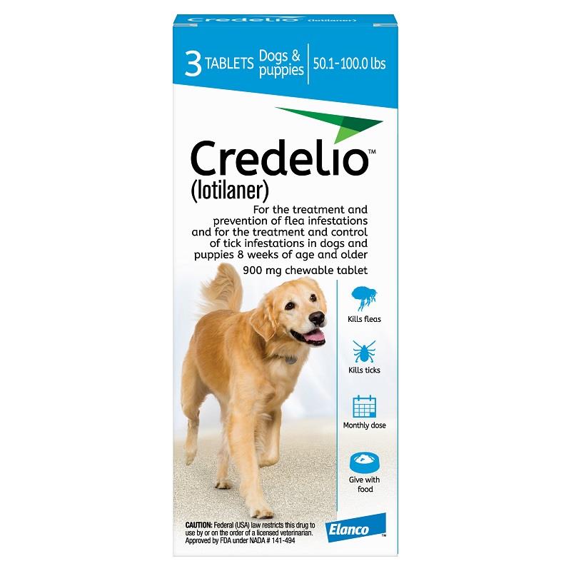 Credelio Flea & Tick Chewable Tablets for Dogs & Puppies 50.1-100 lbs (900 mg) Blue, 3 Month Supply