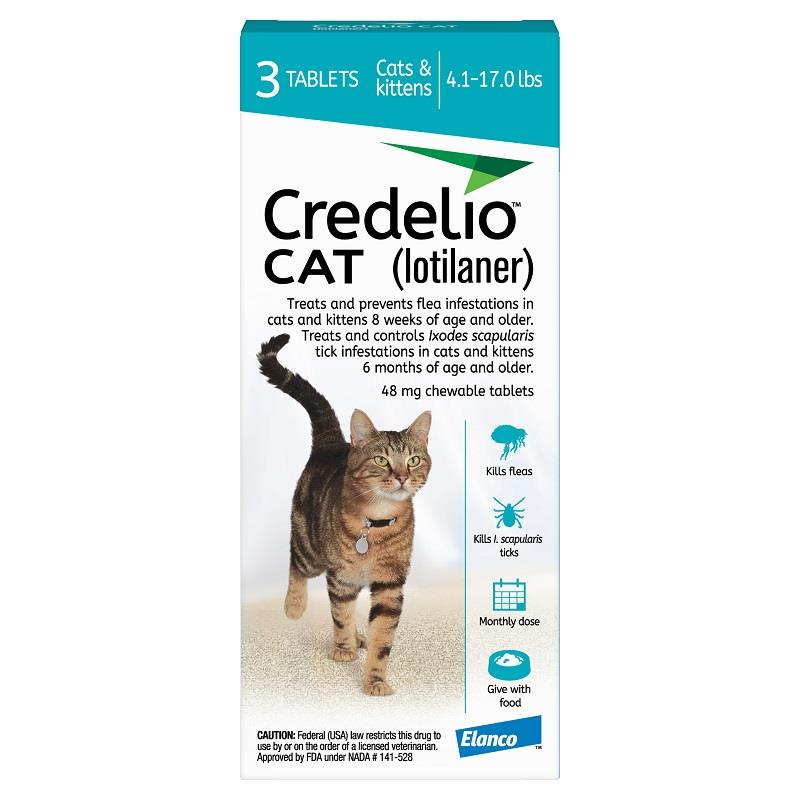 Credelio CAT Flea & Tick Chewable Tablets for Cats and Kittens 4.1-17.0 lbs (48 mg) Aqua, 3 Month Supply