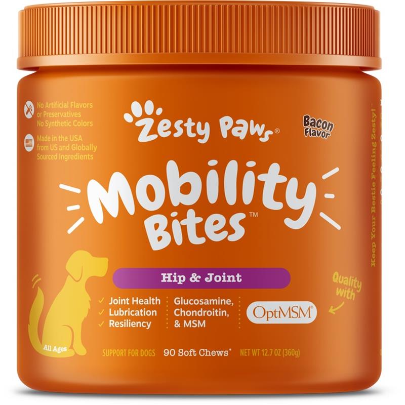 Zesty Paws Mobility Bites Hip & Joint Supplement for Dogs Bacon Flavor, 90 soft chews