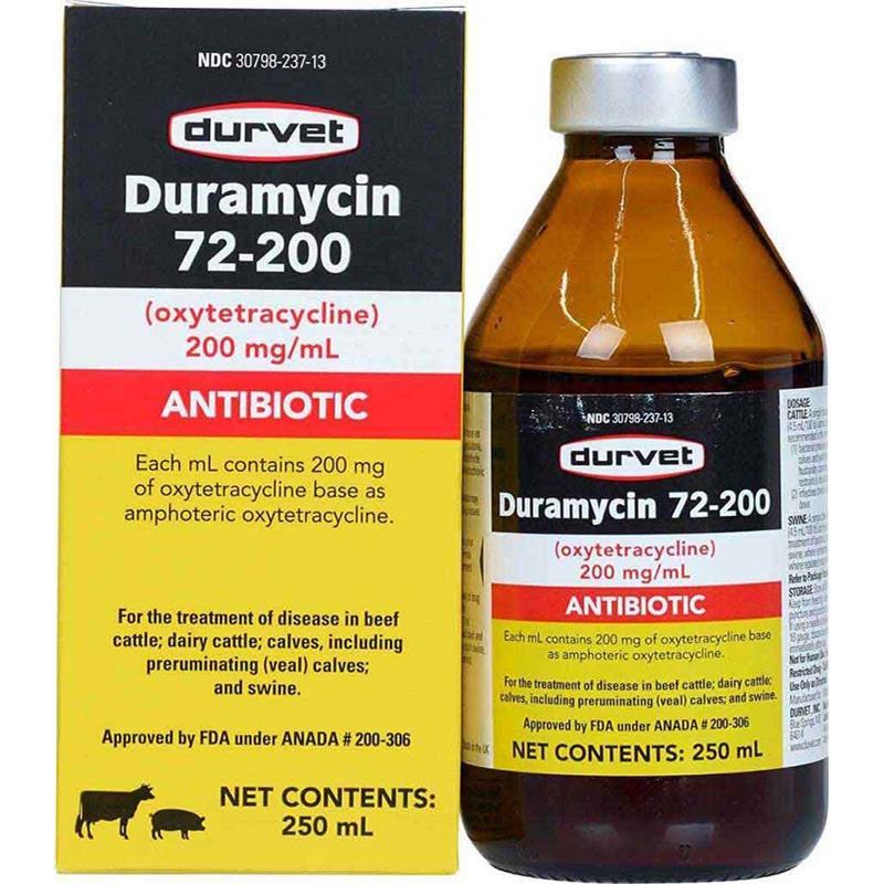 Duramycin 72-200 (Oxytetracycline) Injectable for Cattle and Swine, 250 ml