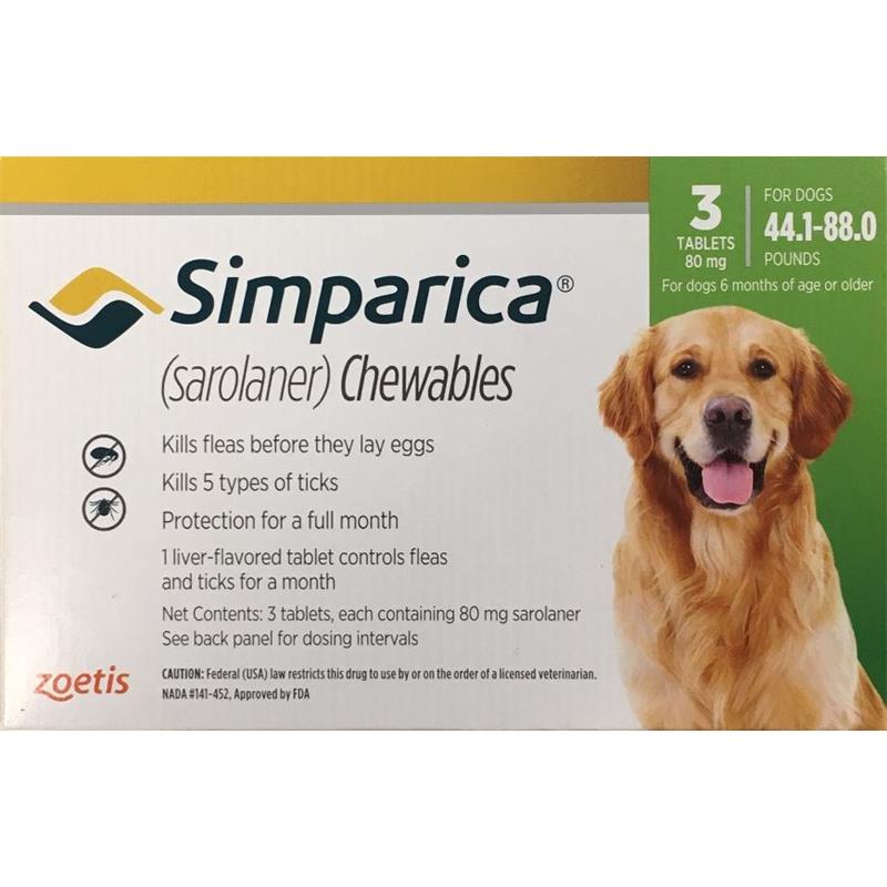 Simparica Chewable Tablets for Dogs 44 - 88 lbs Green, 3 Month Supply