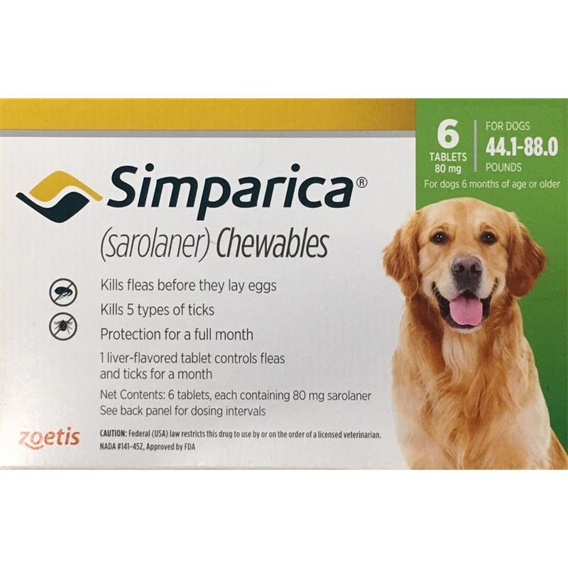 Simparica Chewable Tablets for Dogs 44 - 88 lbs Green, 6 Month Supply