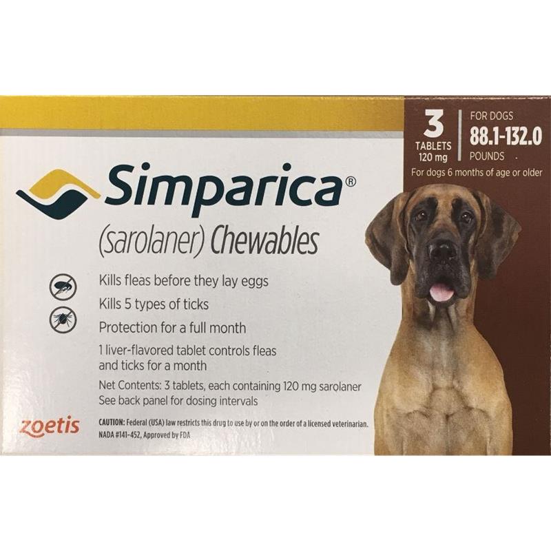 Simparica Chewable Tablets for Dogs 88 - 132 lbs Brown, 3 Month Supply