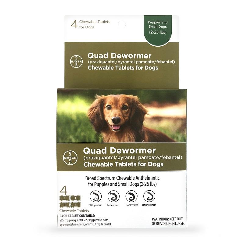 Quad Dewormer Chewable Tablets for Dogs, Puppies and Small Dogs (2-25 lbs) 4 Chew Tabs