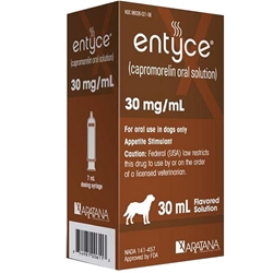 Entyce 30 mg/ml Capromorelin Oral Solution for Dogs, 30 ml bottle w/7 ml dosing syringe