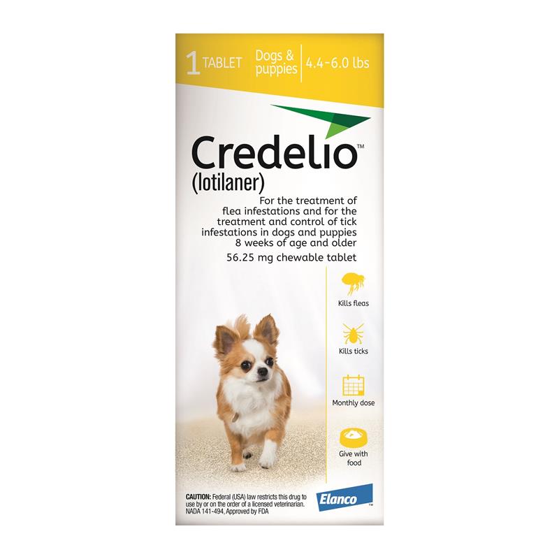 Credelio Flea & Tick Chewable Tablets for Dogs & Puppies 4.4-6 lbs (56.25 mg) Yellow 1 Month Supply