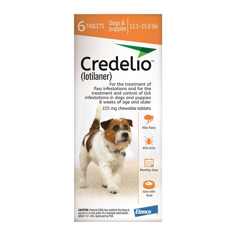 Credelio Flea & Tick Chewable Tablets for Dogs & Puppies 12.1-25 lbs (225 mg) Orange 6 Month Supply
