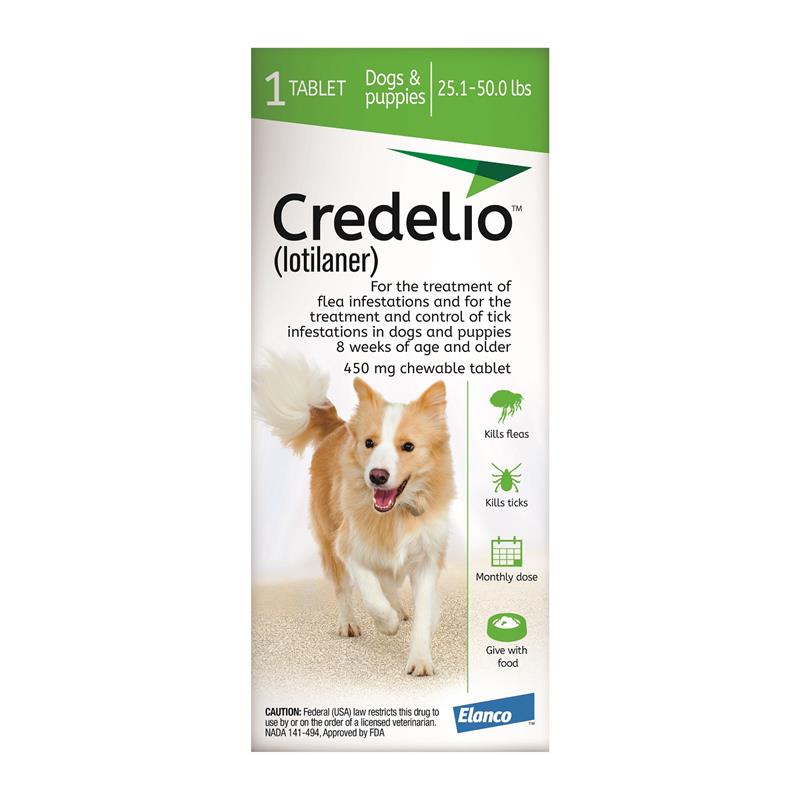 Credelio Flea & Tick Chewable Tablets for Dogs & Puppies 25.1-50 lbs (450 mg) Green 1 Month Supply
