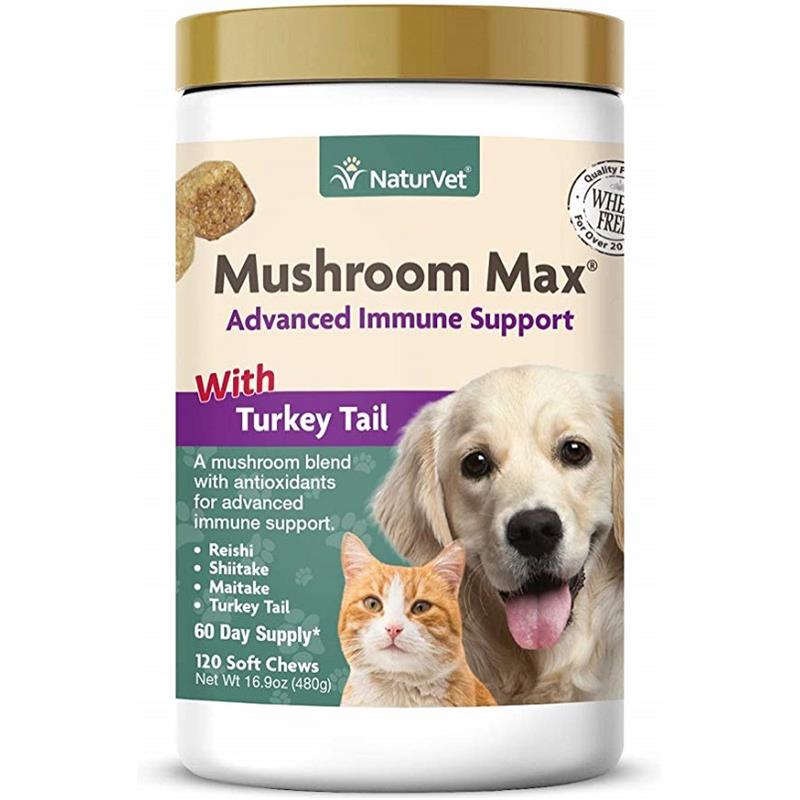 NaturVet Mushroom Max Advanced Immune Support with Turkey Tail Soft Chews for Dogs & Cats, 120 Ct.
