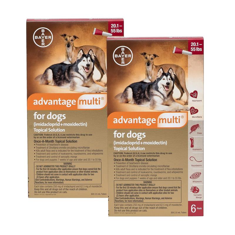 Advantage Multi for Dogs 2 Pack 20.1-55 lbs Red, 12 Month Supply