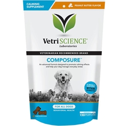 VetriScience Composure Calming Supplement for Dogs, 120 Bite-Sized Chews Peanut Butter Flavor