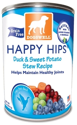 Dogswell Happy Hips Grain-Free Canned Dog Food, Duck &amp; Sweet Potato Stew, 12.5 oz, 12 Pack