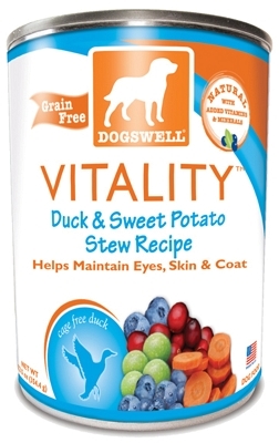 Dogswell Vitality Grain-Free Canned Dog Food, Duck &amp; Sweet Potato Stew Recipe, 12.5 oz, 12 Pack